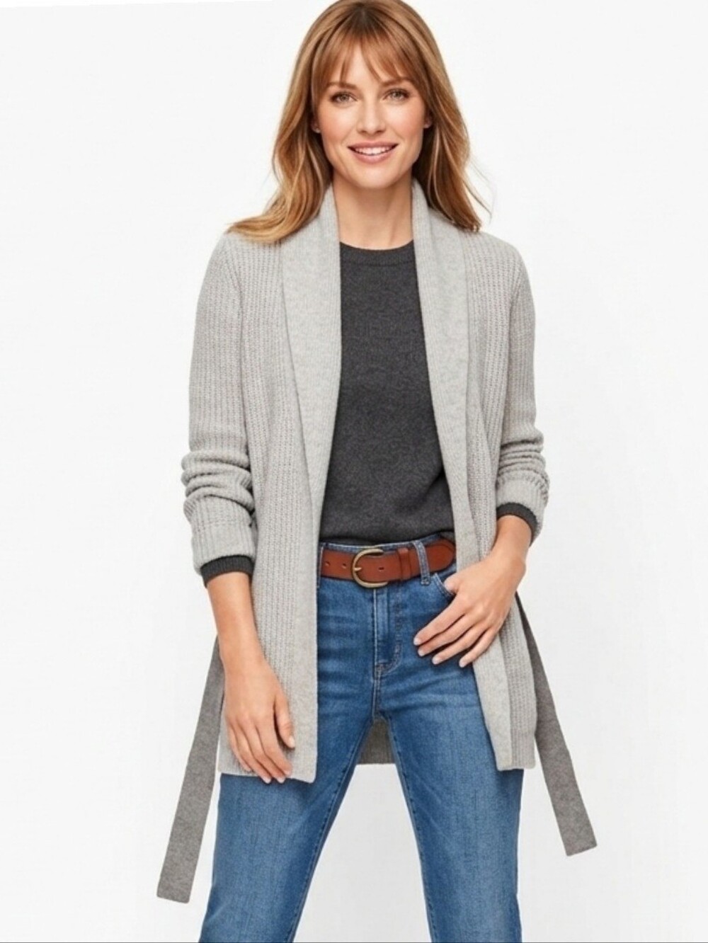 Talbots Soft Lambswool Blend Ribbed Open Cardigan with Contrast Color Belt Sz S